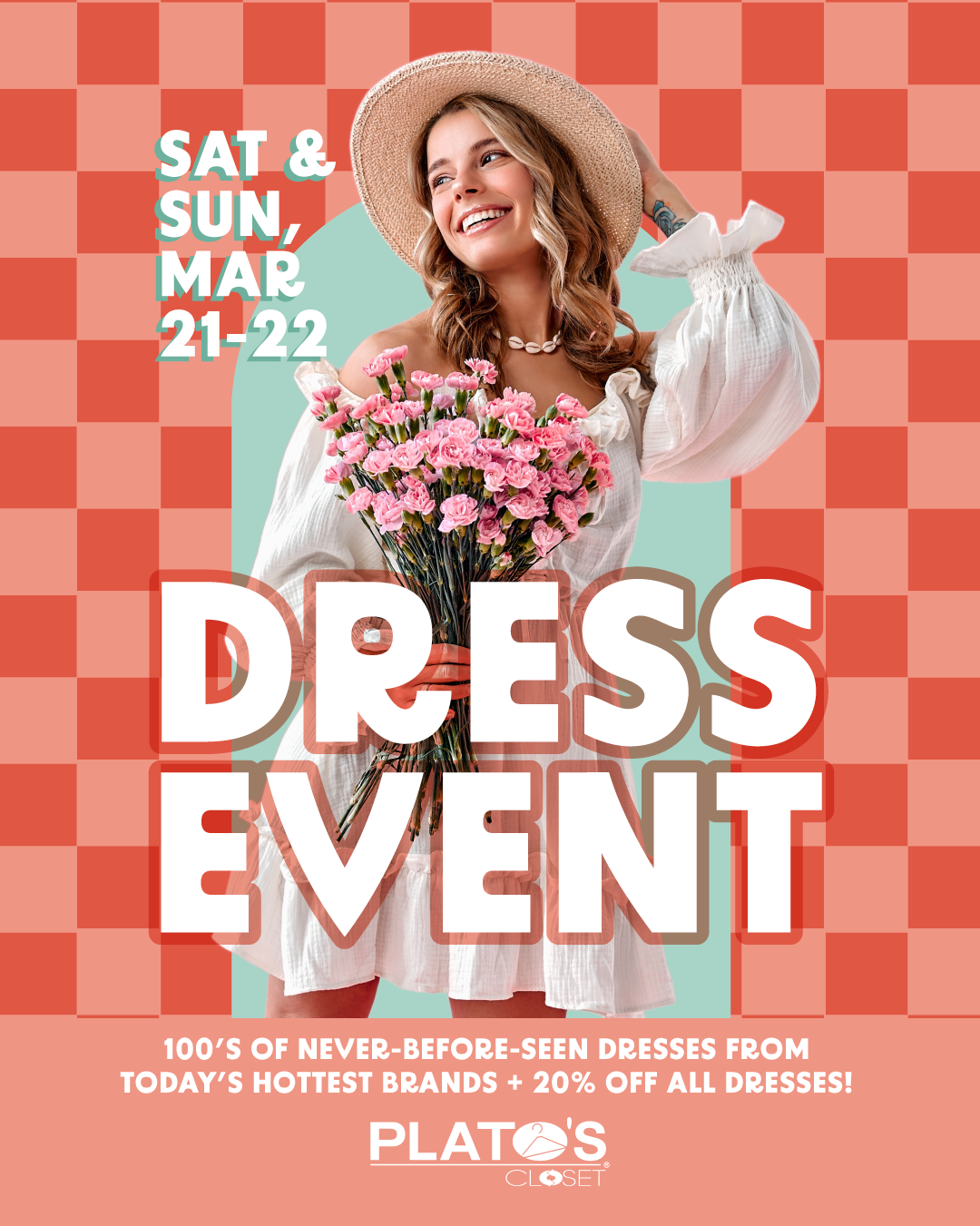 a girl wearing a dress on a pink checkered background